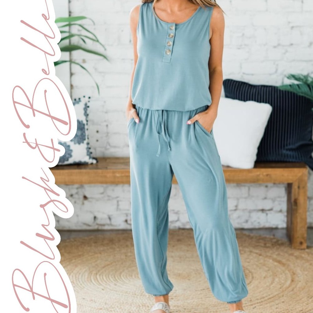 Sleeveless Jogger Jumpsuit w/ Pockets BLUE GREY